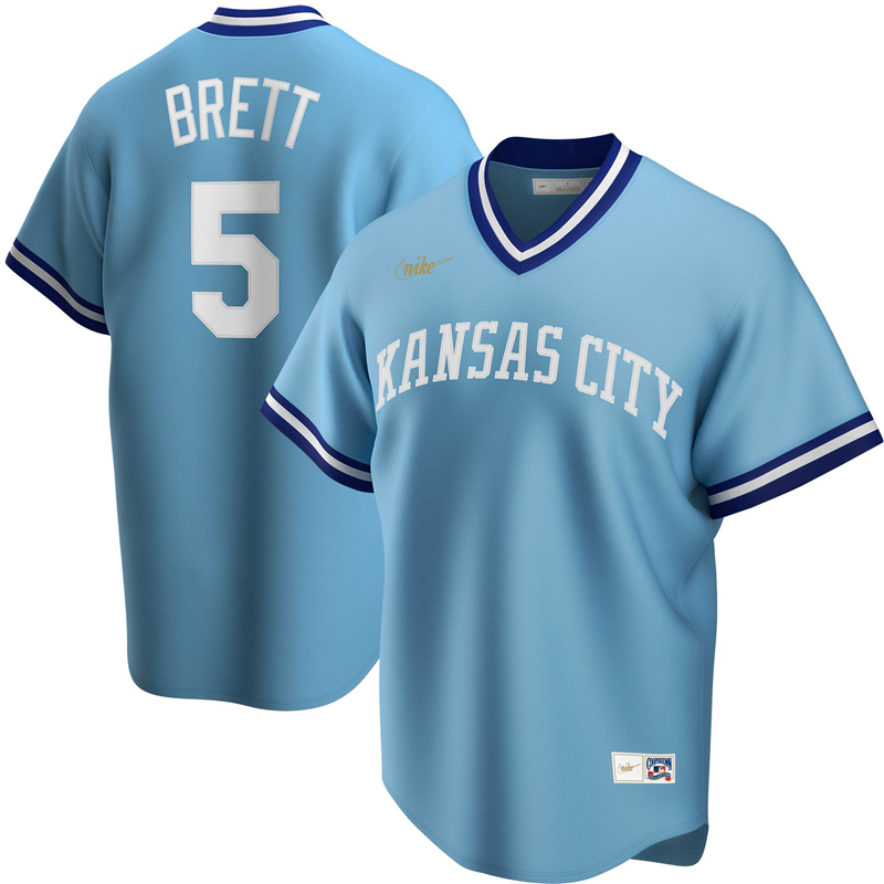 2020 MLB Men Kansas City Royals #5 George Brett Nike Light Blue Road Cooperstown Collection Player Jersey 1